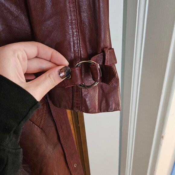 Long Red Leather Jacket Vinage 60s 70s Burgundy Large Trenchcoat - Picture 5 of 8